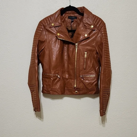 Love Tree Brown and Gold Leather Motorcycle Jacket - Picture 1 of 14